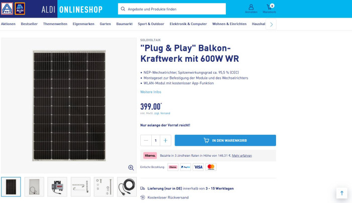 Nur der Hinweis "WR" deutet darauf hin, dass das Balkonkraftwerk real keine 600 Watt leisten kann. (aldi-onlineshop.de/Screenshot: Golem.de)